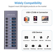 10-porttinen USB 3.0 -keskitin yksittäisillä virtakytkimillä - harmaa