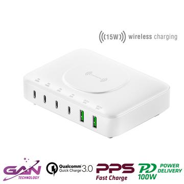 4smarts 7-in-1 GaN-latausasema - 100W, 4x USB-C, 2x USB-A - Valkoinen