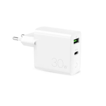 Puro PD nopea seinälaturi - 30W, USB-A, USB-C - Valkoinen