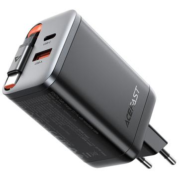 Acefast A111 67W GaN-laturi sisäänvedettävällä USB-C-kaapelilla, USB-C- ja USB-A-porteilla - EU-pistoke - EU-pistoke