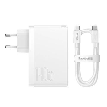 Baseus GaN5 Pro 140W seinälaturi ja USB-C latauskaapeli - 2xUSB-C, USB-A - Valkoinen