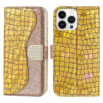 Croco Bling Series iPhone 14 Pro Lompakkokotelo - Kulta