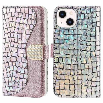 Croco Bling Series iPhone 14 Lompakkokotelo - Ruusukulta