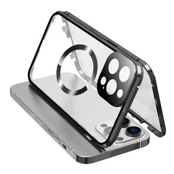 Kaksipuolinen karkaistu lasi + magneettinen metallirunko Anti-Drop Case iPhone 15 yhteensopiva MagSafe puhelimen kansi solki lukko - musta