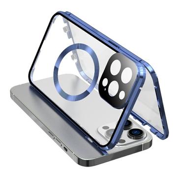 Kaksipuolinen karkaistu lasi + magneettinen metallirunko Anti-Drop Case iPhone 15 yhteensopiva MagSafe puhelimen kansi solki lukko - tummansininen