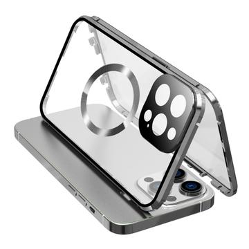 Kaksipuolinen karkaistu lasi + magneettinen metallirunko Anti-Drop Case iPhone 15 yhteensopiva MagSafe puhelimen kansi solki lukko - hopea