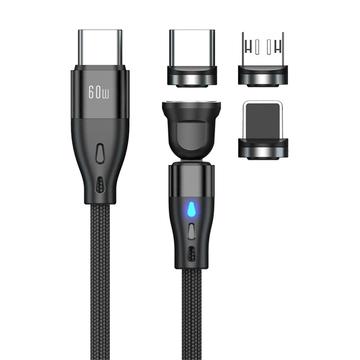 E7 3-in-1magneettikaapeli, jossa on 540 asteen kierto - USB-C, Lightning, MicroUSB - 1m - musta