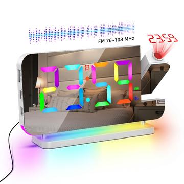 EN8853-C Värikäs aikaprojektio LED herätyskello FM-radiolla - Valkoinen