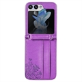 Samsung Galaxy Z Flip5 Floral Print Suojakotelo Hihnalla - Violetti