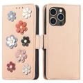 Flower Decor Series iPhone 14 Pro Lompakkokotelo - Beige