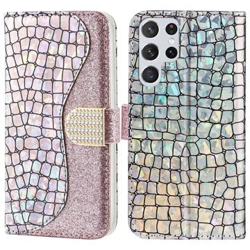 Croco Bling Series Samsung Galaxy S23 Ultra 5G Lompakkokotelo - Ruusukulta