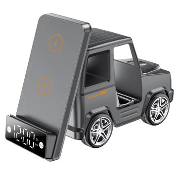 G63 Auton muotoinen 15W langaton latauslaite Bluetooth-kaiuttimella, kellolla ja tunnelmavalolla