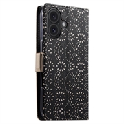 iPhone 16 Lace Pattern Lompakkokotelo - Musta