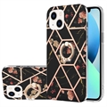 iPhone 15 Marble Pattern IMD TPU-Suojakuori Rengaspidikkeellä - Musta