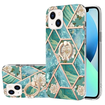 iPhone 15 Marble Pattern IMD TPU-Suojakuori Rengaspidikkeellä - Vihreä