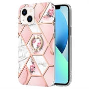 iPhone 15 Plus Marble Pattern IMD TPU-Suojakuori Rengaspidikkeellä - Pinkki / Valkoinen