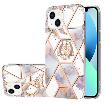 iPhone 15 Marble Pattern IMD TPU-Suojakuori Rengaspidikkeellä - Violetti / Valkoinen