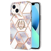 iPhone 15 Marble Pattern IMD TPU-Suojakuori Rengaspidikkeellä - Violetti / Valkoinen