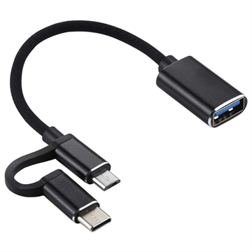 Nylon Punottu USB 3.0 - USB-C / MicroUSB OTG -kaapelisovitin - Musta