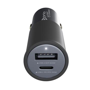 Prio Fast Charge autolaturi - 100W PD USB-C, 22.5W USB-A - musta