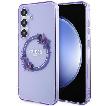 Samsung Galaxy S24 Guess IML Flowers Wreath Kotelo - MagSafe-yhteensopiva - Violetti