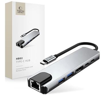 Tech-Protect HB02 6-in-1 USB-C-keskussovitin, jossa on USB 2.0, USB 3.0, HDMI 4K 30Hz, RJ45 Ethernet ja USB-C 100W PD - Avaruusharmaa