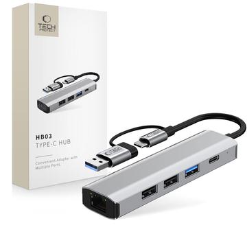 Tech-Protect HB03 5-in-1 USB-C-keskussovitin, jossa on USB 2.0, USB 3.0, RJ45 Ethernet ja Type-C - Avaruusharmaa