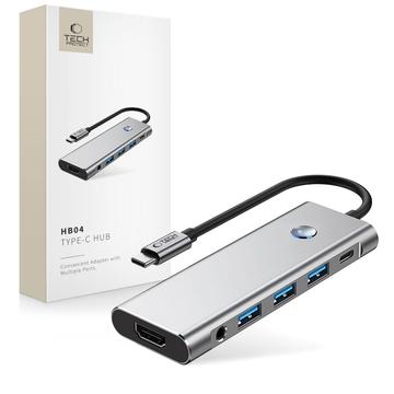 Tech-Protect HB04 9-in-1 USB-C-keskussovitin, jossa on USB-A/HDMI/SD/TF-kortinlukija/USB-C 100W PD/3.5mm - Avaruusharmaa