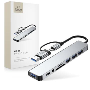 Tech-Protect HB06 9-in-1 USB-A/USB-C keskittimen sovitin, jossa USB 2.0, USB 3.0, SD/TF-kortinlukijat, 3.5mm:n ääniliitäntä, Type-C - Avaruusharmaa