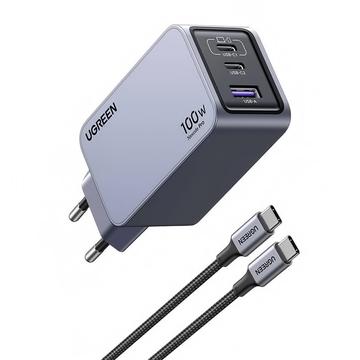 Ugreen X757 Nexode Pro 3-porttinen GaN PD-pikalaturi USB-C-kaapelilla - 100W - harmaa - harmaa