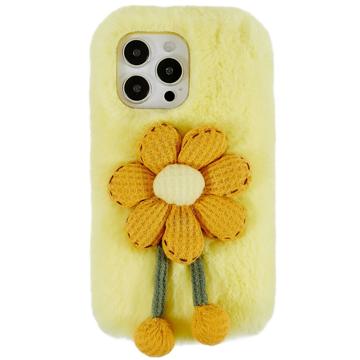 3D Plush Karvainen talvi iPhone 14 Pro TPU Kotelo - Keltainen kukka