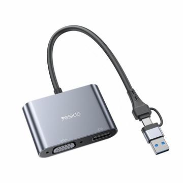 YESIDO HM15 USB / C-tyyppi VGA + HD-sovitin HDTV kaksoismonitoreiden peilausadapteri