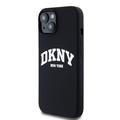 iPhone 15 DKNY Liquid Silicone Arch Logo kotelo - MagSafe yhteensopiva - musta