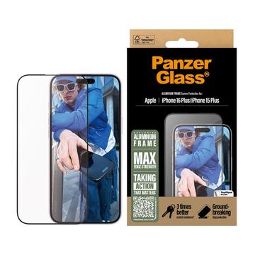 iPhone 15 Plus/16 Plus PanzerGlass Alumiinikehys Ultra-Wide Fit Panssarilasi - 9H - musta reuna