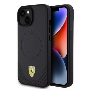 iPhone 15 Plus Ferrari Carbon Metal Logo Mag Kotelo - Musta