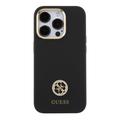 iPhone 15 Pro Guess 4G Rhinestone Metal Logo Liquid Silicone Case - Musta