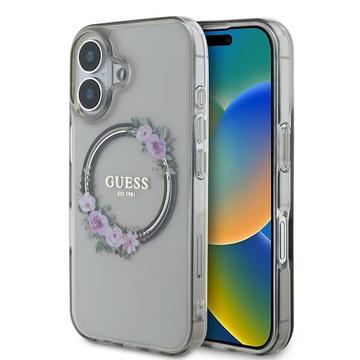 iPhone 16 Guess IML Flowers Wreath Kotelo - MagSafe-yhteensopiva - musta