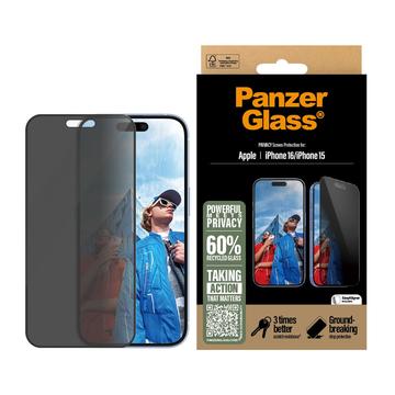 iPhone 16/15 PanzerGlass Ultra-Wide Fit Privacy EasyAligner Panssarilasi - 9H - Musta Reuna