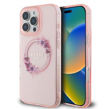 iPhone 16 Pro Guess IML Flowers Wreath Kotelo - MagSafe-yhteensopiva - Pinkki