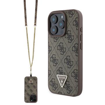 iPhone 16 Pro Max Guess 4G Strass Triangle Metal Logo Kotelo jossa Crossbody Hihna - Ruskea