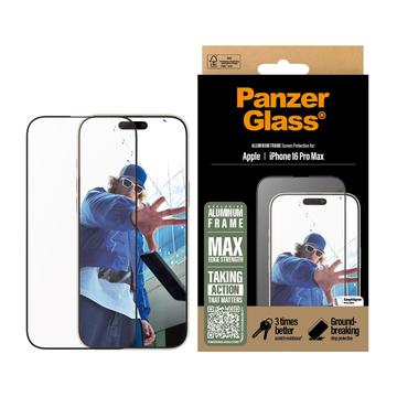 iPhone 16 Pro Max PanzerGlass Alumiinikehys Ultra-Wide Fit Panssarilasi - 9H - musta reuna